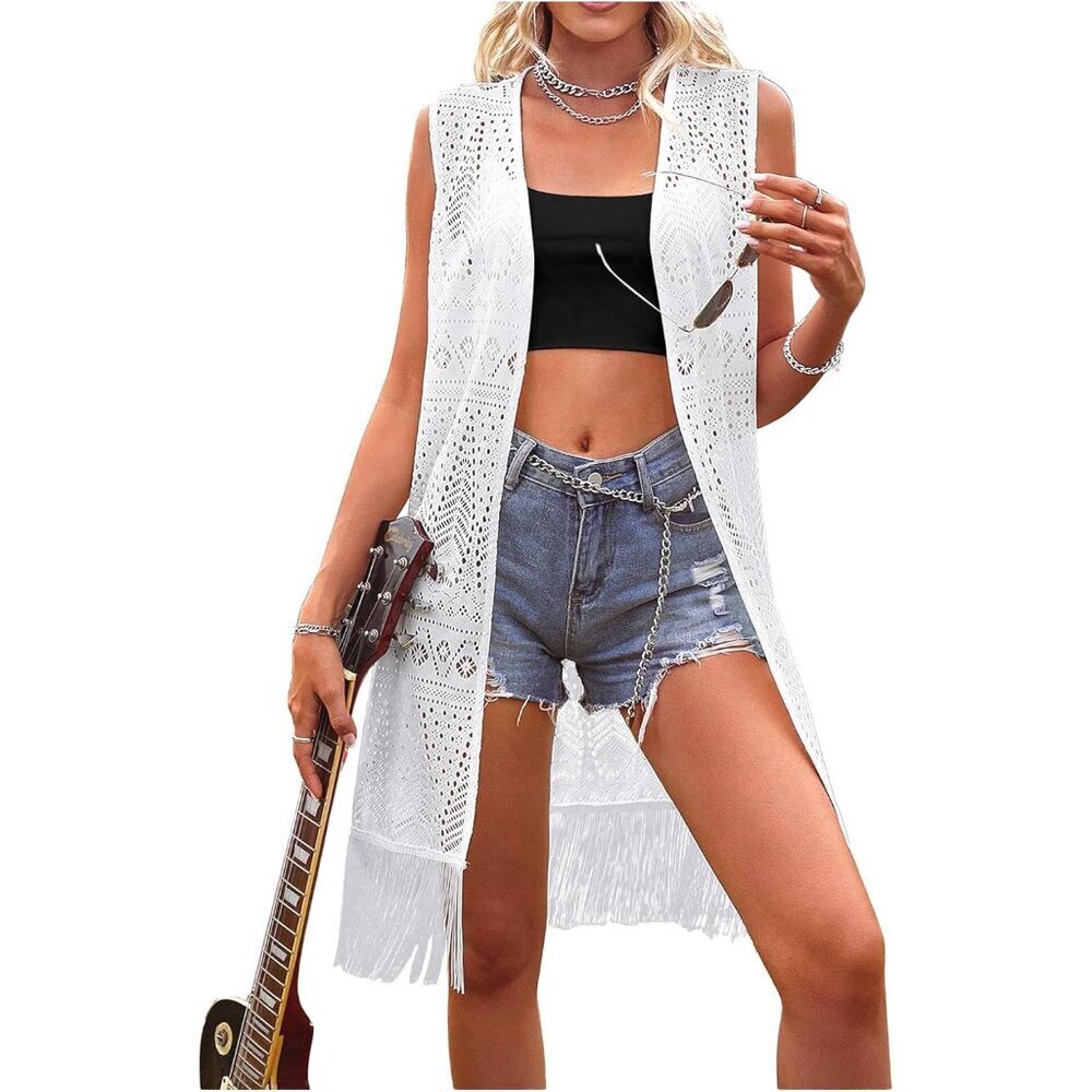 Women's Fringe Vest Crochet Sleeveless Open Front Western Boho Sweater